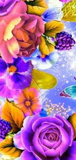 Bright floral and butterfly mobile wallpaper with vibrant colors.