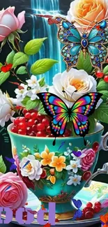 Vibrant tea cup with butterflies and flowers in a waterfall setting.