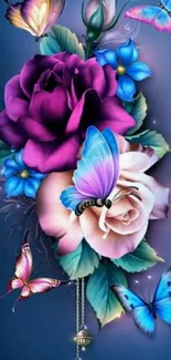 Mobile wallpaper with butterflies and colorful flowers.