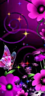 Vibrant pink and purple floral wallpaper with butterfly.