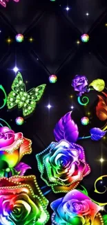 Vibrant floral wallpaper with butterflies and colorful roses on a black background.