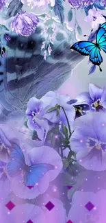 Purple floral wallpaper with butterflies and glowing accents.