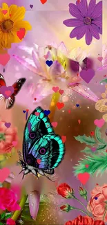 Colorful butterfly and flowers wallpaper with vibrant pink and purple hues.