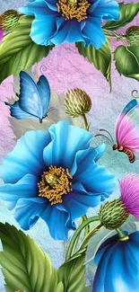 Vibrant floral wallpaper with blue flowers and butterflies.