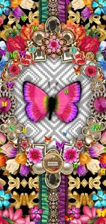 Vibrant wallpaper with colorful butterfly and flowers.