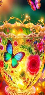 Vibrant teacup with butterflies and glowing floral design.