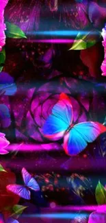 Vibrant wallpaper featuring butterflies and colorful flowers against a purple background.