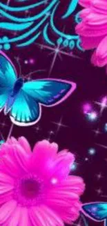 Vibrant magenta floral and butterfly wallpaper for mobile.