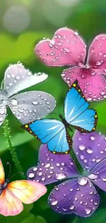 Colorful butterfly wallpaper with flowers and dewdrops.