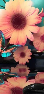 Vibrant floral design with butterflies and reflections.