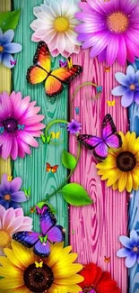 Colorful flowers and butterflies on wooden planks.