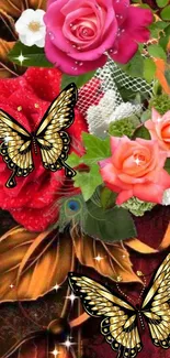 Vibrant wallpaper with roses and golden butterflies.