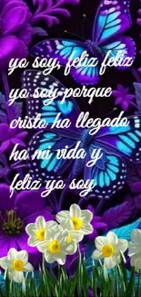 Vibrant wallpaper featuring purple flowers, butterflies, and motivational text.