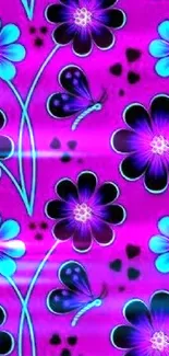 Vibrant wallpaper with purple flowers and butterflies.