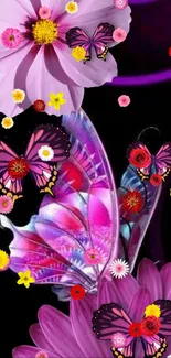 Colorful butterflies and flowers on mobile wallpaper.