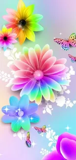 Vibrant mobile wallpaper with colorful flowers and butterflies on a pastel background.