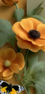 Orange flowers and a butterfly on a green backdrop.