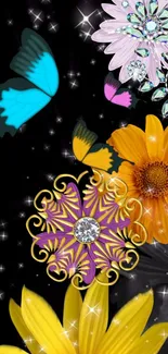 Vibrant wallpaper with butterflies and flowers on a sparkling black background.