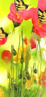 Vibrant wallpaper with butterflies and flowers.