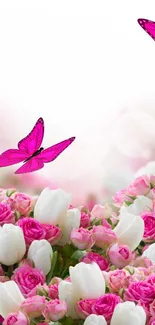 Vibrant wallpaper with pink butterflies over flowers.