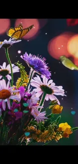 Butterfly on vibrant wildflowers with glowing background.