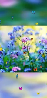 Vibrant purple flowers with butterflies on phone wallpaper.