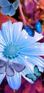 Vibrant wallpaper with a blue flower and butterflies.