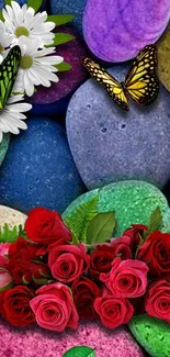 Vibrant wallpaper of stones, flowers, and butterflies.