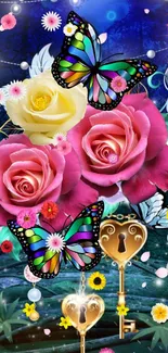 Colorful butterflies and roses mobile wallpaper with golden keys.