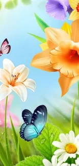 Colorful flowers and butterflies wallpaper for mobile phones.