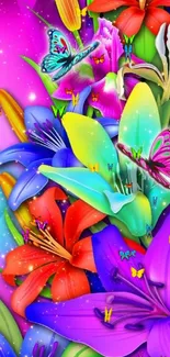 Vibrant floral wallpaper with colorful butterflies and flowers.