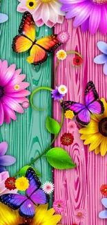 Colorful flowers and butterflies on wooden wallpaper.