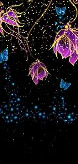 Vibrant glowing flowers with butterflies on black background.