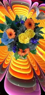 Colorful floral bouquet with butterflies on an abstract vibrant background.