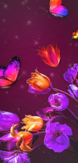 Colorful butterflies and flowers on a plum background.