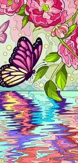 Vibrant butterfly and floral scene with colorful water reflection.