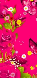 Vibrant pink wallpaper with roses and butterflies.