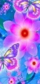 Colorful butterfly and flower mobile wallpaper with vibrant blues and pinks.