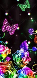 Colorful flowers and butterflies on a dark wallpaper.