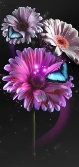 Vibrant floral wallpaper with butterflies on a dark background.