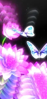 Neon pink flowers with butterflies wallpaper.