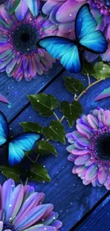 Blue butterflies and purple flowers on a vibrant mobile wallpaper.