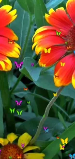 Vibrant red and orange flowers with butterflies on green leaves.