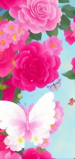 Vibrant pink flowers and butterflies wallpaper with a serene blue sky backdrop.