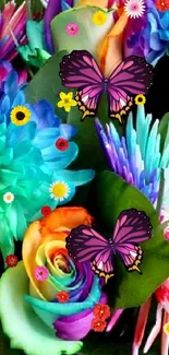 Colorful floral wallpaper with butterflies.