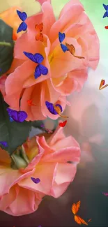 Vibrant wallpaper with pink roses and colorful butterflies.