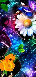 Vibrant 3D wallpaper with flowers and a butterfly.