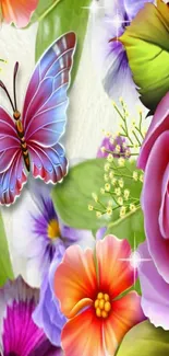 Vibrant floral wallpaper with butterfly and colorful flowers.