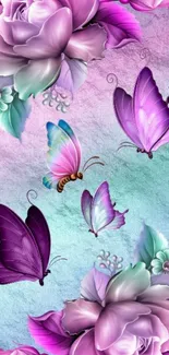 Mobile wallpaper with pink roses and butterflies on a gradient backdrop.