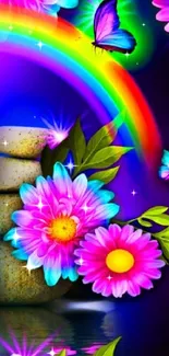 Vibrant wallpaper with flowers, butterflies, and a rainbow.